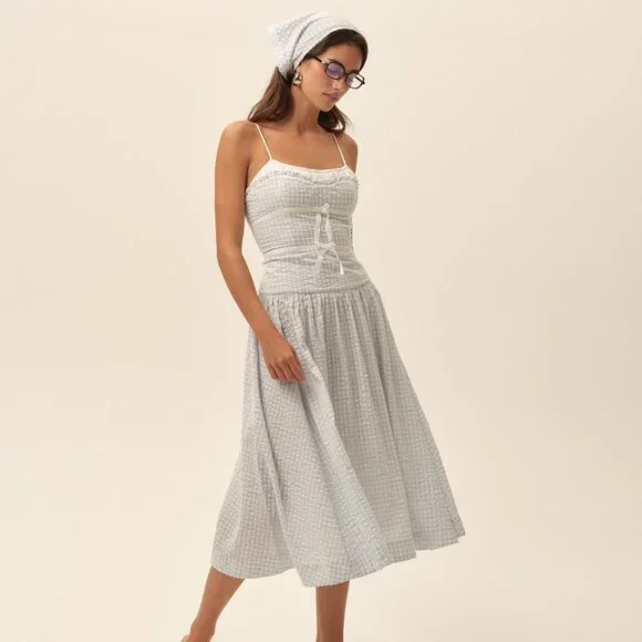 FOR LOVE & LEMONS Georgia Gingham Midi Dress In Blue NWT - Picture 2 of 12